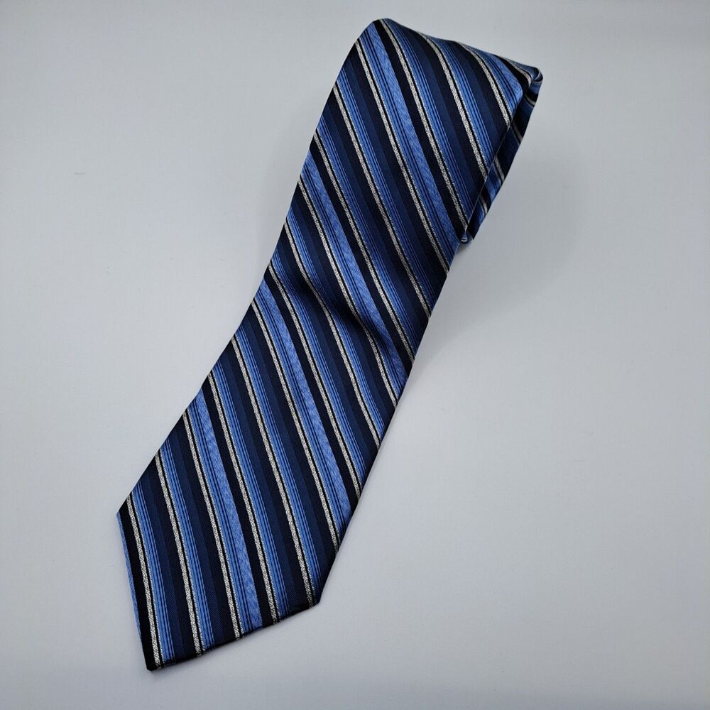 Murano‎ Mens Extra Long Blue Silver & Black  100% Silk Striped Tie